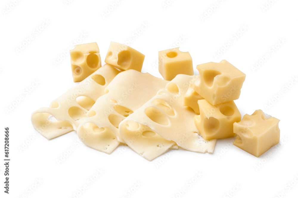 Cubes and slices of Swiss cheese on white background