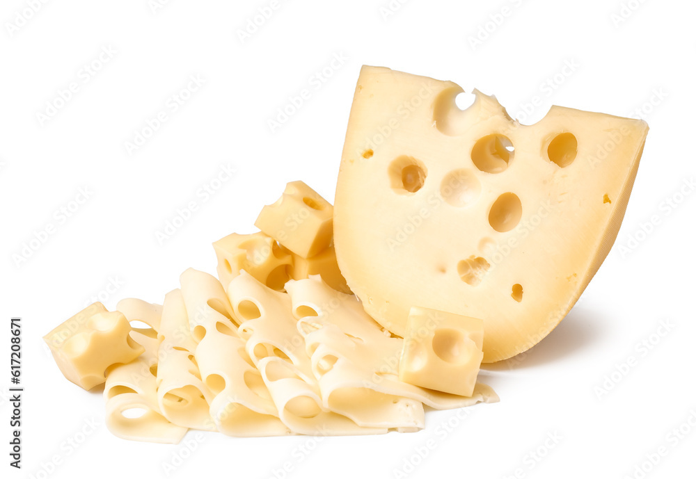 Piece with cubes and slices of Swiss cheese on white background