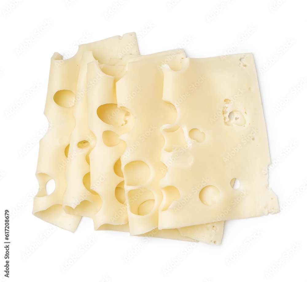 Slices of Swiss cheese on white background