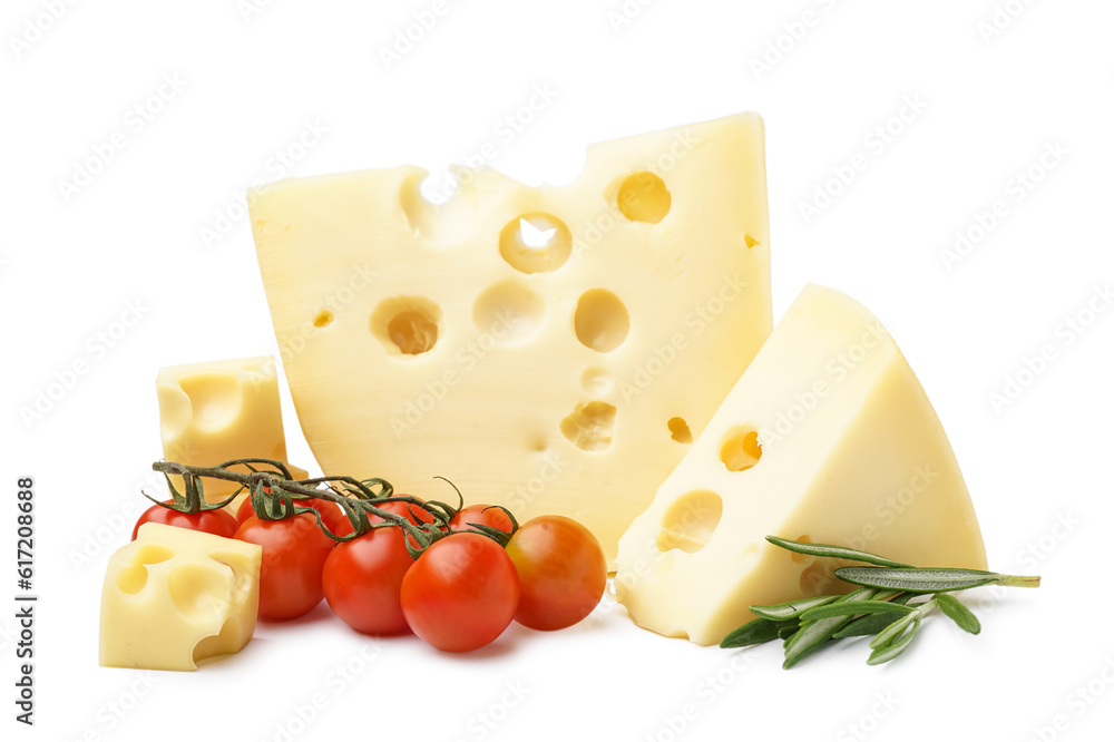 Pieces of Swiss cheese with rosemary and tomatoes cherry on white background