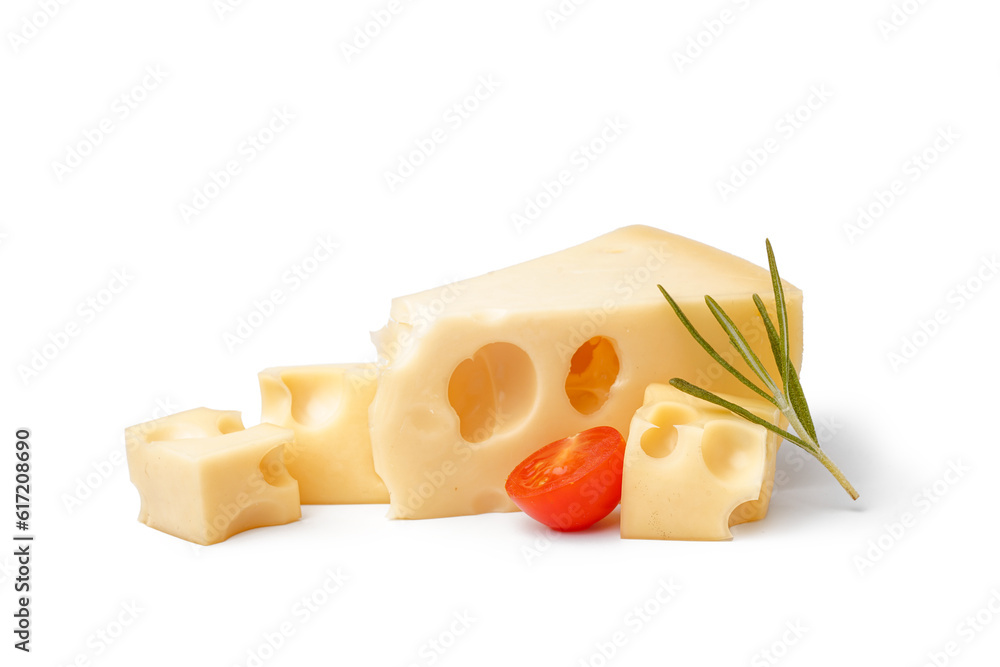 Pieces of Swiss cheese with rosemary and tomatoes cherry on white background