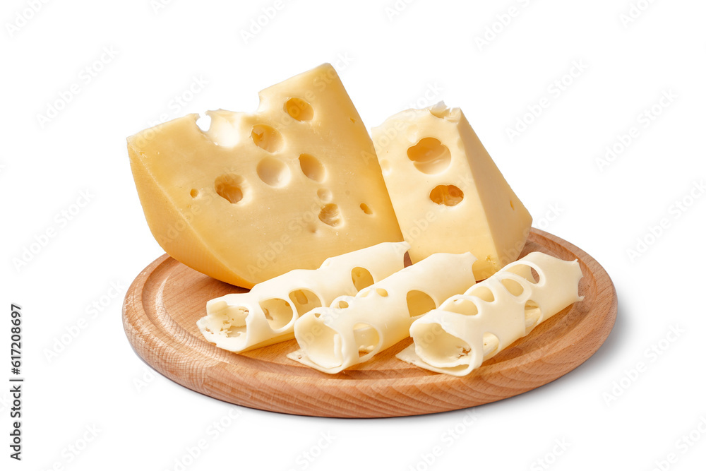 Pieces and slices of Swiss cheese with wooden board on white background