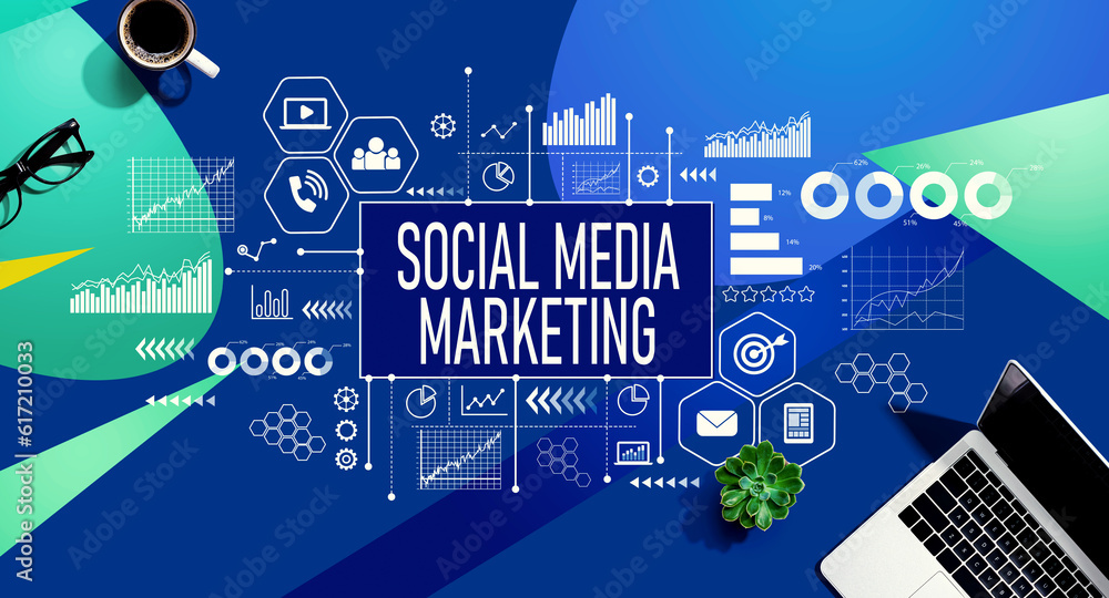 Social media marketing theme with a laptop computer on a blue and green pattern background