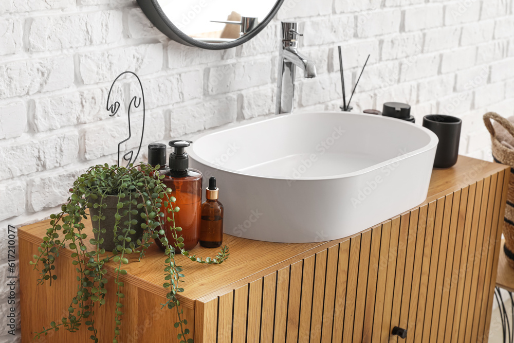 Houseplant, bath accessories and sink bowl on wooden cabinet in bathroom