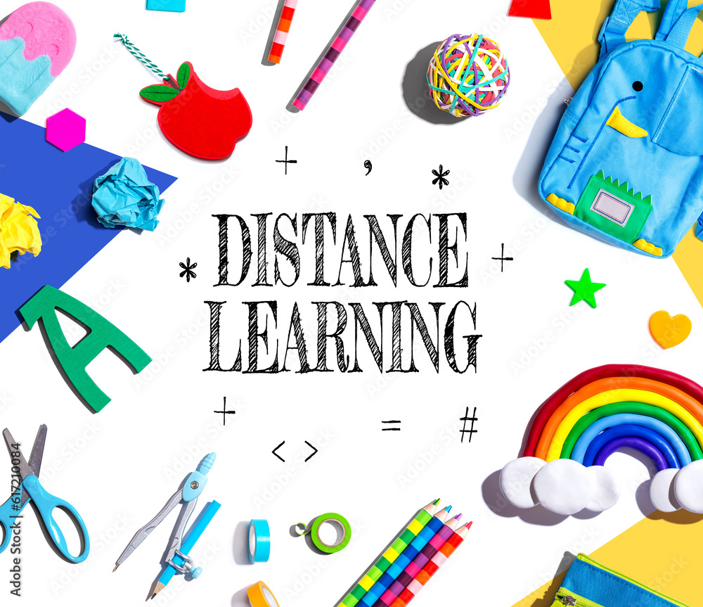 Distance Learning theme with school supplies overhead view - flat lay