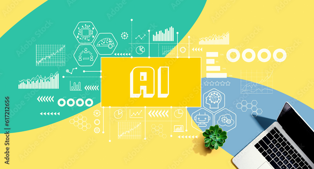 AI theme with a laptop computer on a yellow, green and blue pattern background