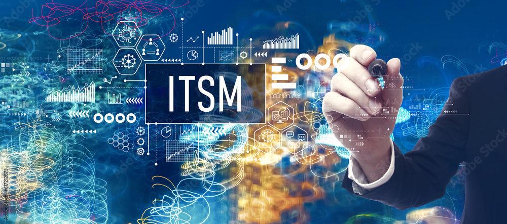 ITSM - Information Technology Service Management theme with businessman in a bokeh neon light trails