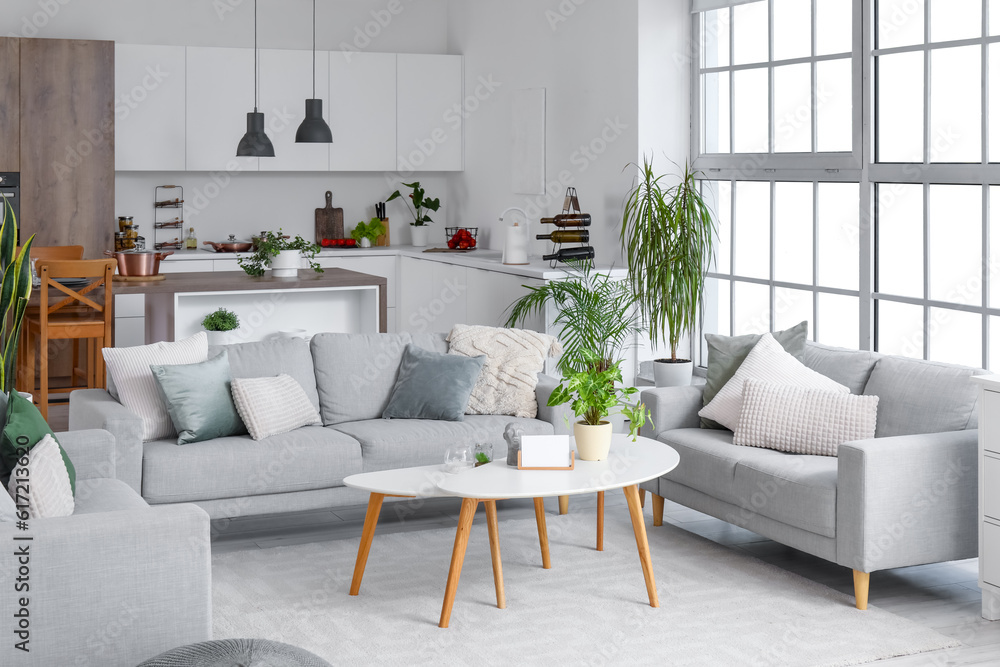 Interior of light open space kitchen with cozy grey sofas and coffee table