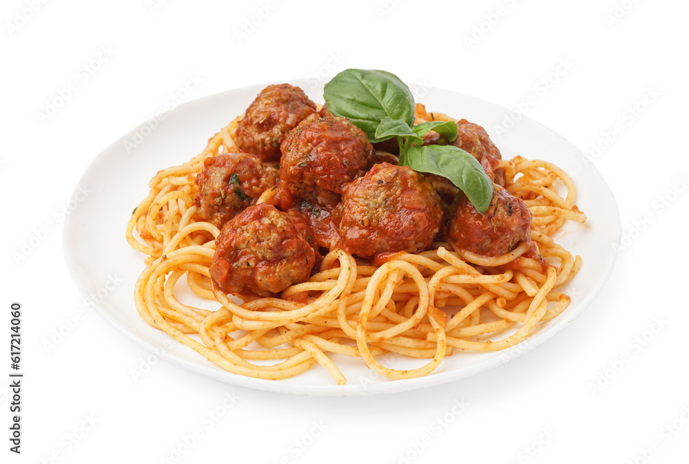 Plate of boiled pasta with tomato sauce and meat balls on white background