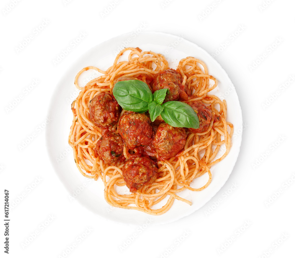 Plate of boiled pasta with tomato sauce and meat balls on white background