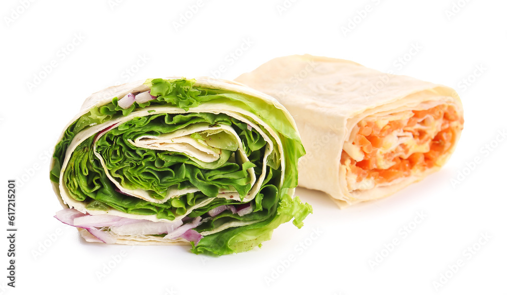 Tasty lavash rolls with vegetables isolated on white background