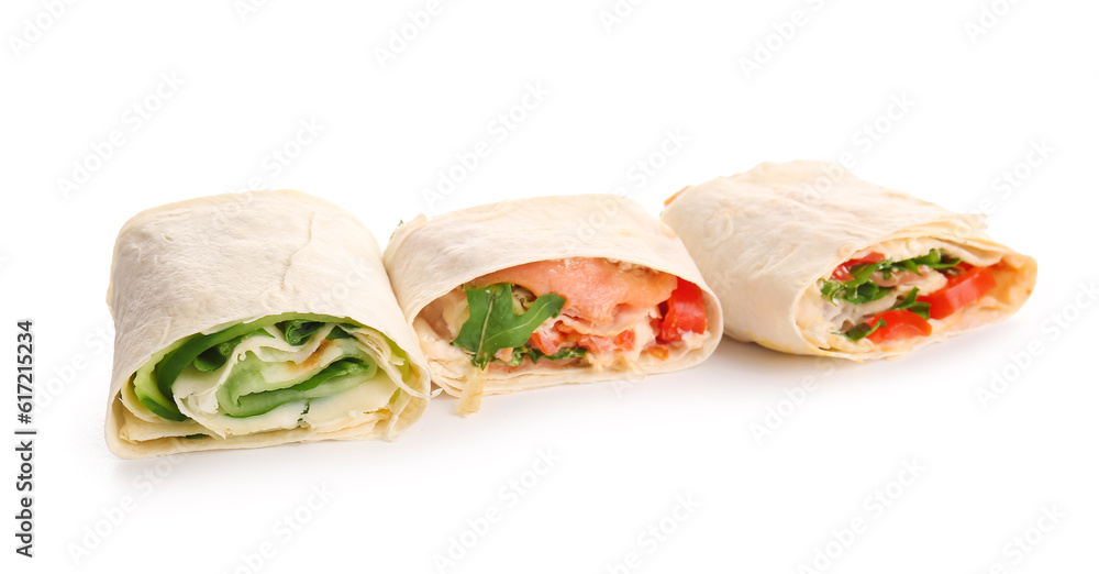 Tasty lavash rolls with vegetables and fish isolated on white background