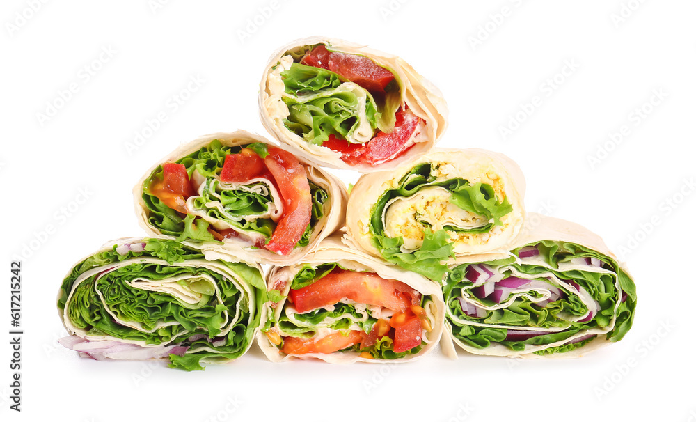 Tasty lavash rolls with vegetables and egg isolated on white background