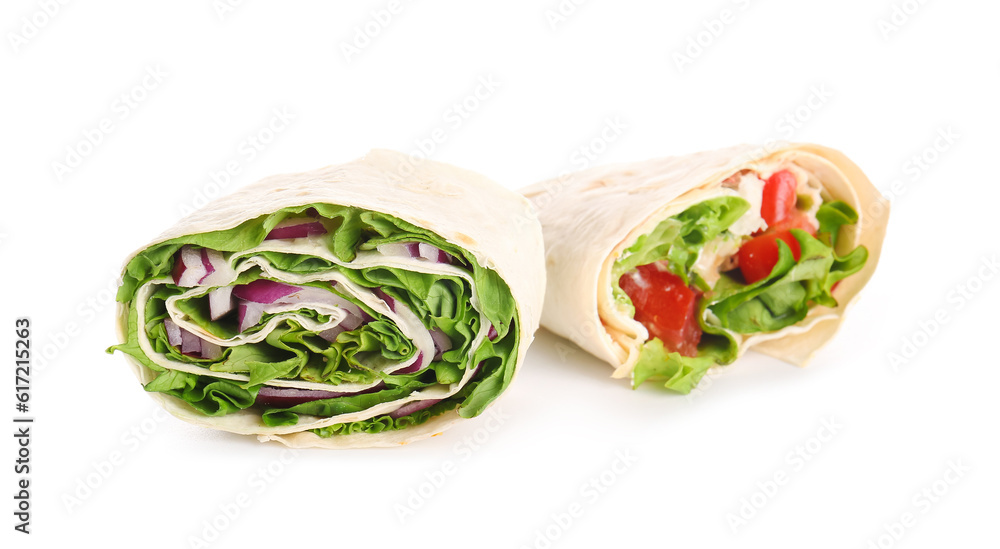 Tasty lavash rolls with vegetables isolated on white background