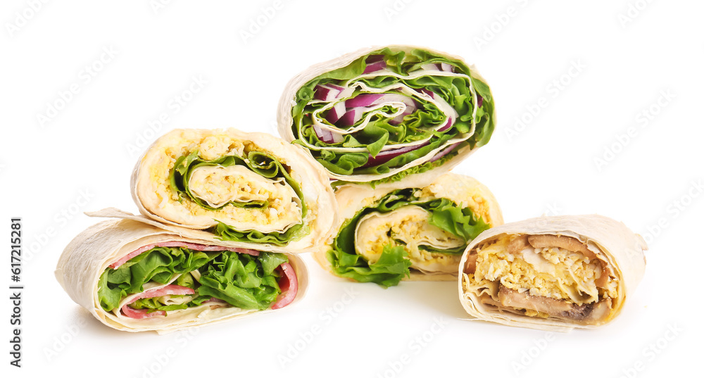 Tasty lavash rolls with egg and vegetables isolated on white background