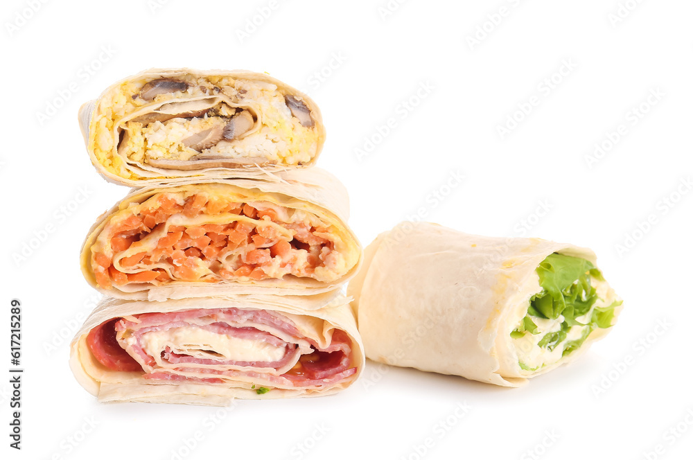 Tasty lavash rolls with sausages, egg and vegetables isolated on white background