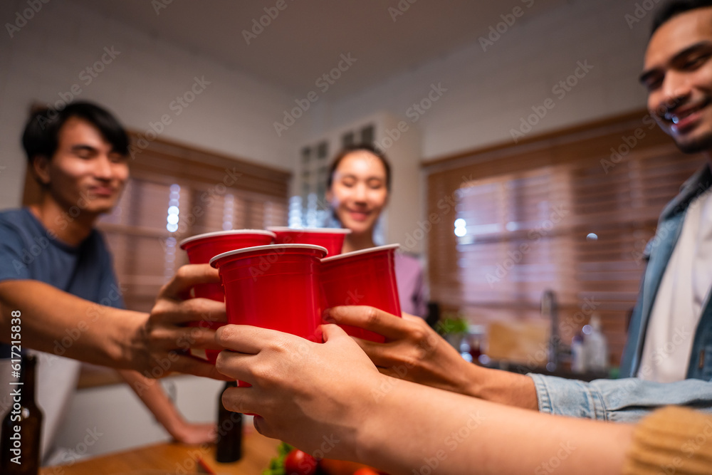 Group of Asian friend having dinner, enjoy evening party together at home. 