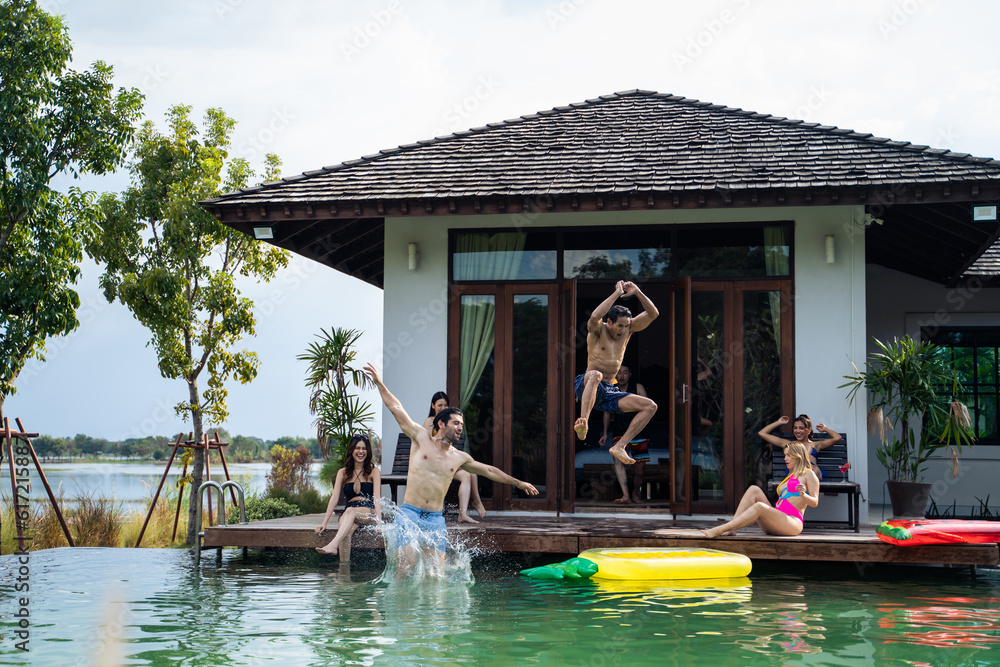 Caucasian young couple spending free time at a private villa together. 