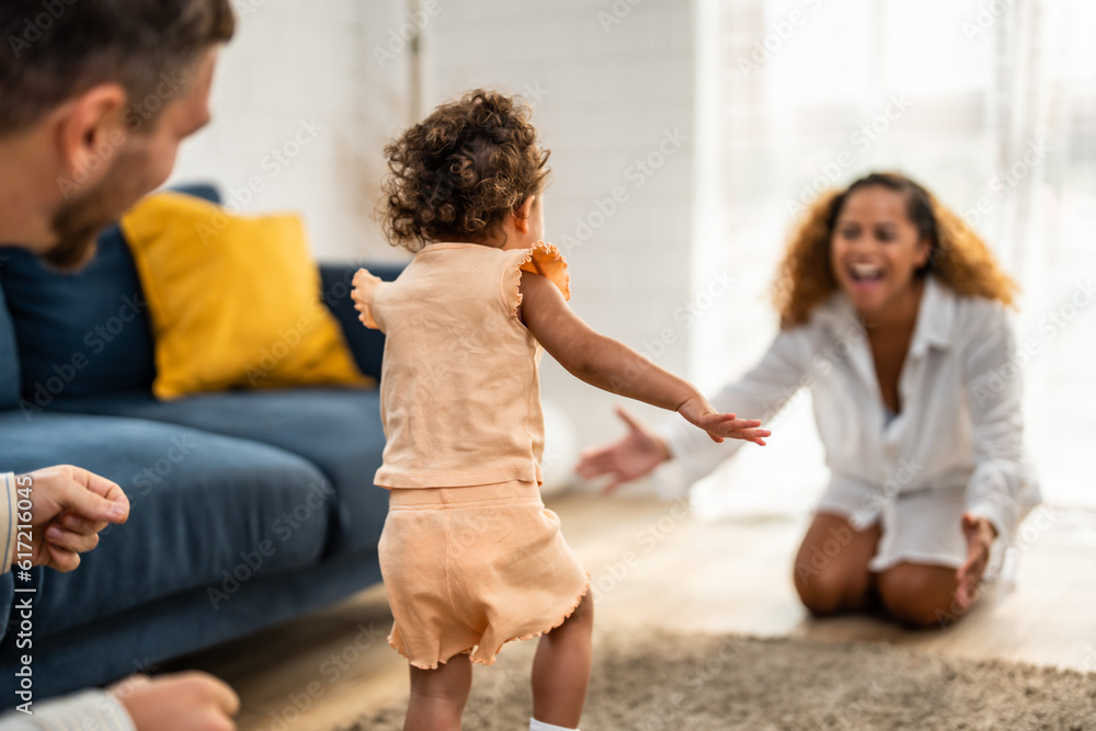 Caucasian family spending leisure free time together indoors in house. 