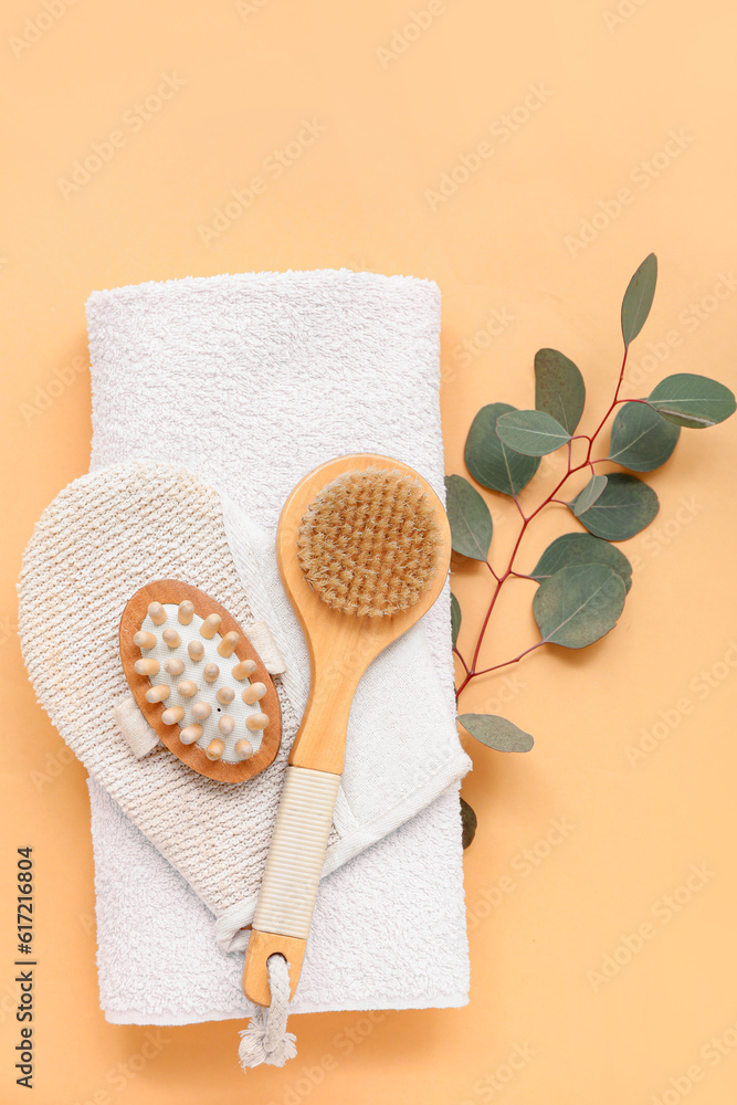 Clean towel, massage glove, brushes and eucalyptus branch on color background