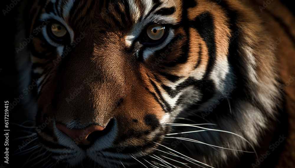 Close up portrait of majestic Bengal tiger staring at camera outdoors generated by AI