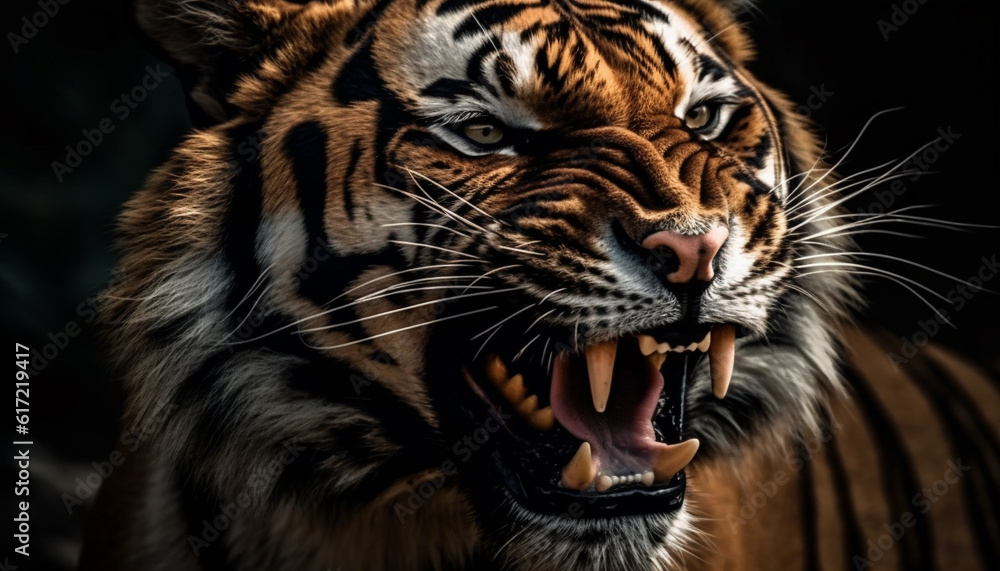 Majestic Bengal tiger snarling with aggression in tropical rainforest generated by AI