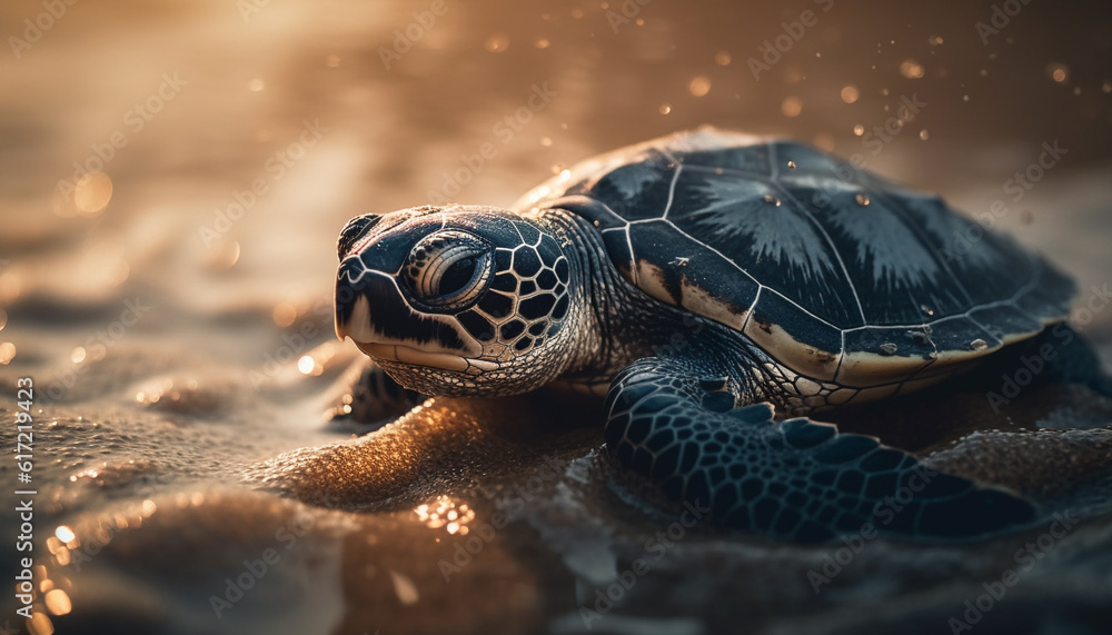 Slow crawling turtle, with beautiful multi colored shell, walking on sand generated by AI