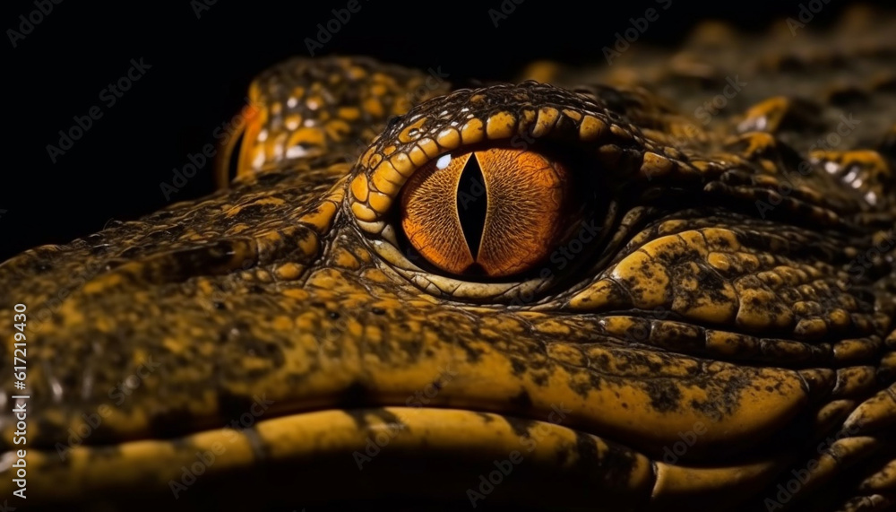 Yellow eyed crocodile in the dark, scales and teeth exposed generated by AI