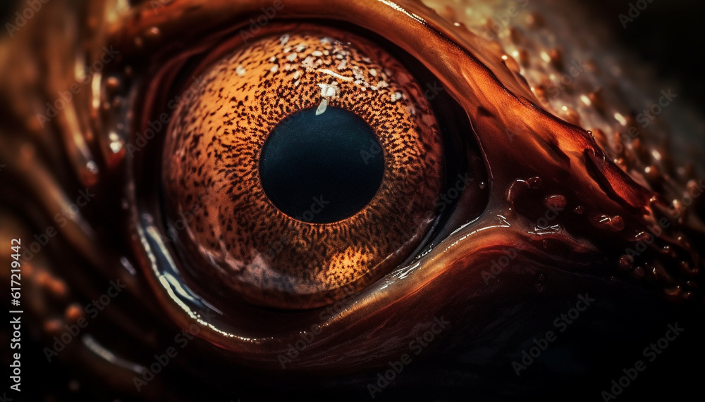 Golden fish eye shines in underwater macro portrait, background generated by AI