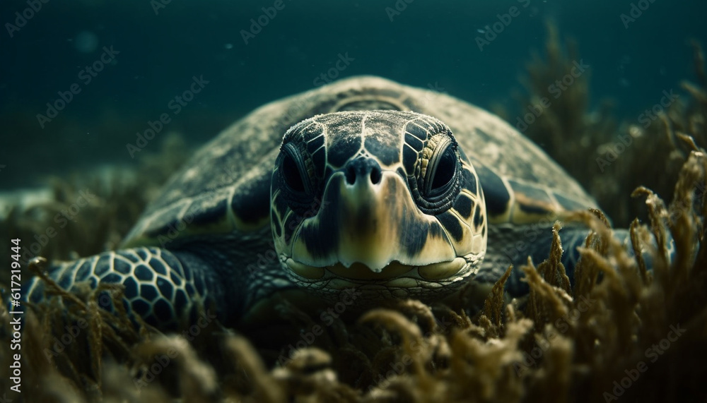 Blue sea turtle in tropical Pacific, surrounded by colorful coral generated by AI