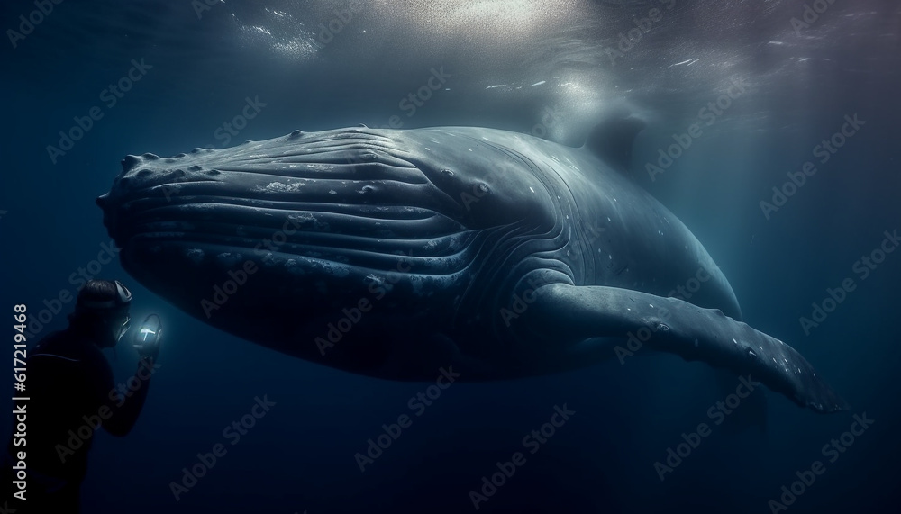 Majestic humpback whale swimming in deep blue underwater adventure generated by AI