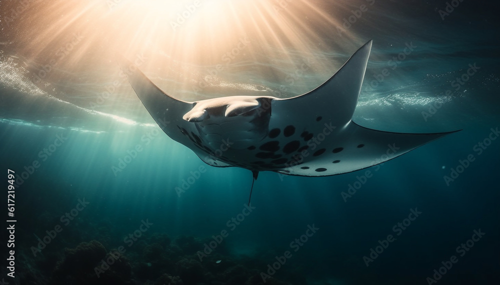 Majestic manta ray swimming below blue seascape in tropical climate generated by AI