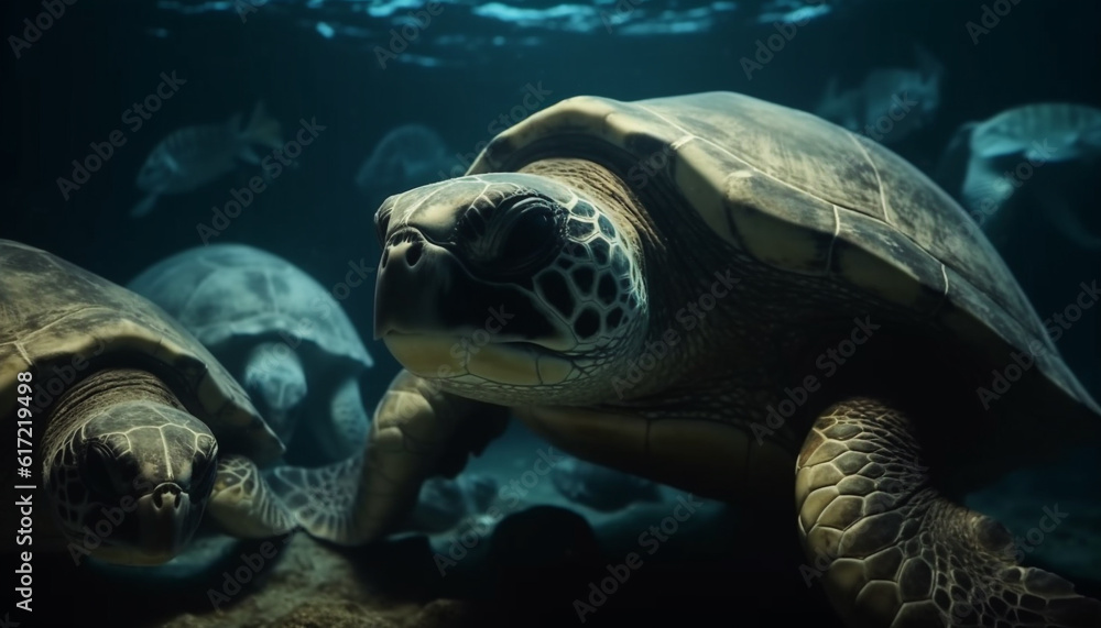 Endangered sea turtle endures slow swim in tranquil underwater environment generated by AI