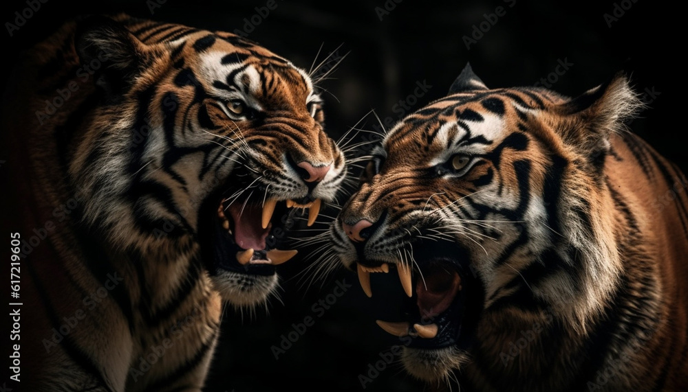 Bengal tiger staring fiercely, showing teeth in close up confrontation generated by AI