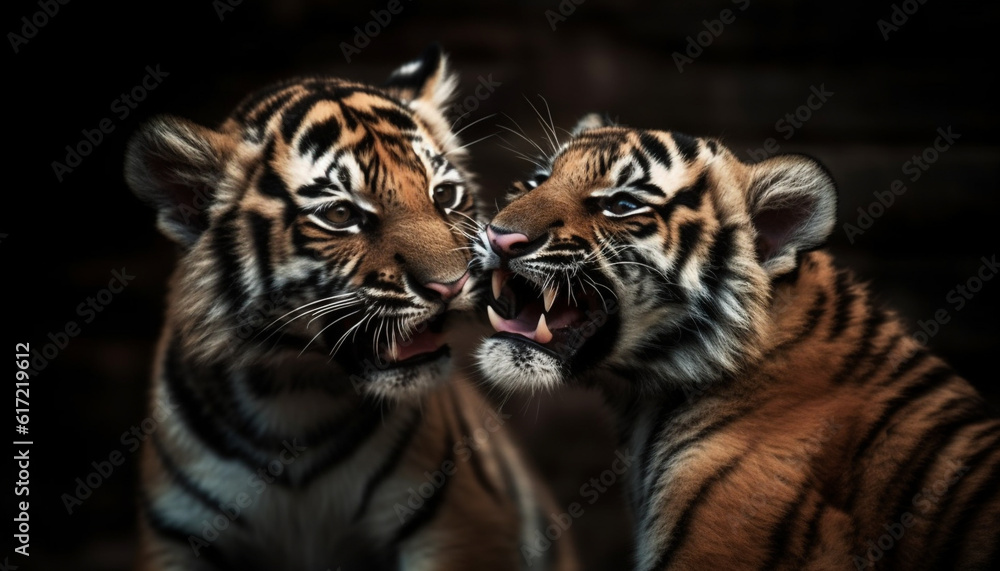 Two Bengal tigers staring fiercely, eyes locked on camera lens generated by AI