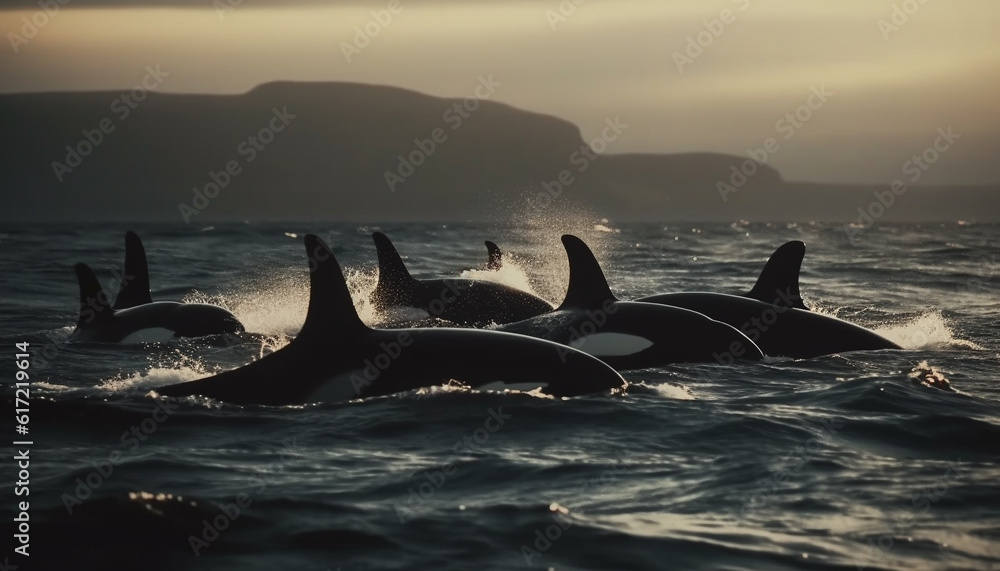 The majestic humpback whale breaches, back lit by the sunset generated by AI