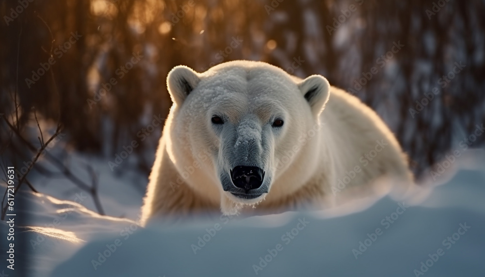 Cute arctic mammal walking in snow, looking at camera generated by AI