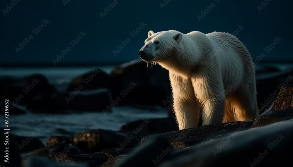 Arctic mammal standing on rock, looking at camera in winter generated by AI