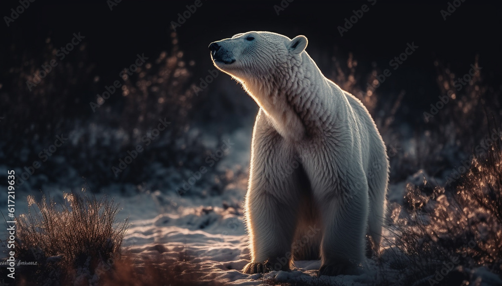 Arctic mammal sitting on ice, looking at camera, tranquil scene generated by AI