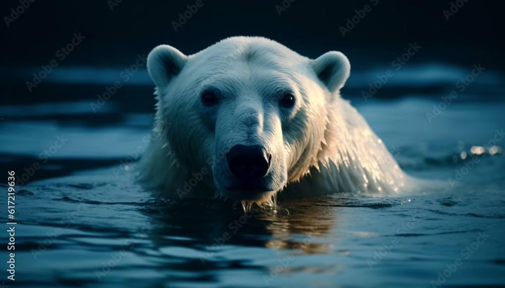 Arctic mammal looking at camera, fur wet from water reflection generated by AI