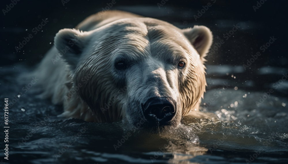 Cute canine swimming in tranquil pond, reflecting arctic beauty generated by AI