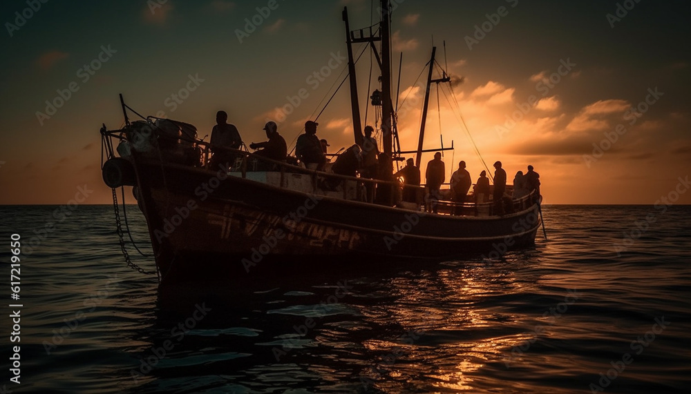 Sailing ship silhouette backlit by sunset on tranquil water generated by AI