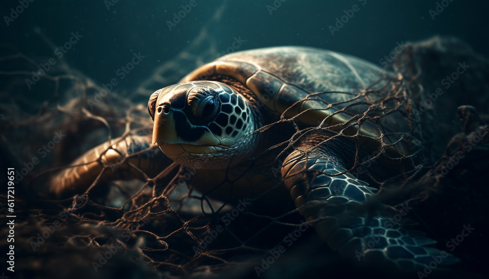 Slow moving sea turtle crawls through tropical reef, surrounded by beauty generated by AI