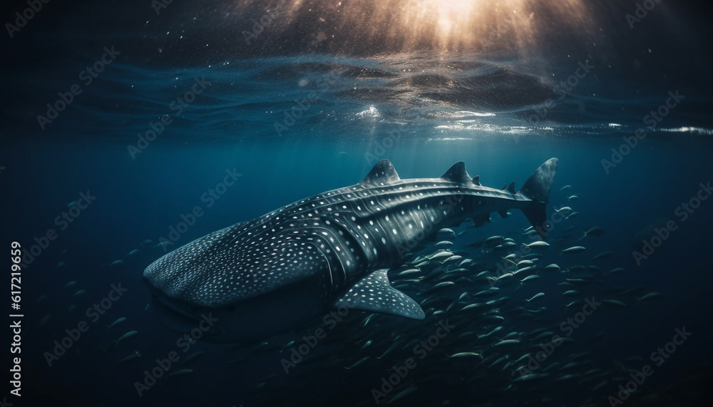 Majestic whale shark swims below the blue sea, surrounded by coral generated by AI