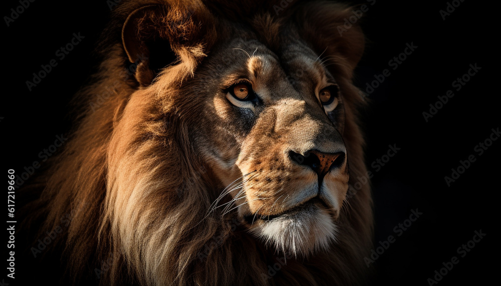 Majestic male lion with a beautiful mane staring at camera generated by AI