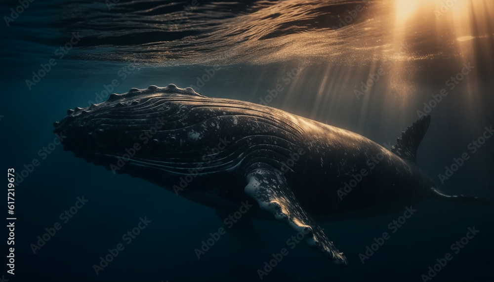 Majestic humpback whale swims in tranquil, deep blue underwater world generated by AI