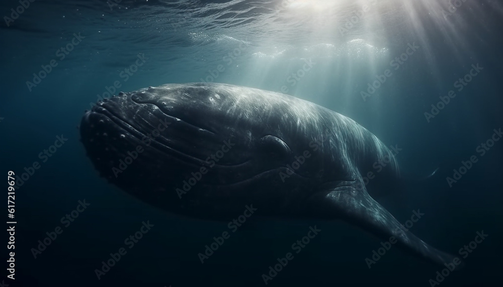 Majestic humpback whale swimming in deep blue underwater adventure generated by AI