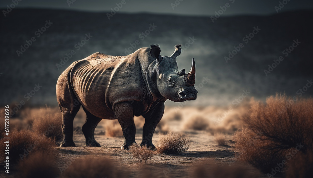 Large rhinoceros grazing on plain in African wilderness at sunset generated by AI