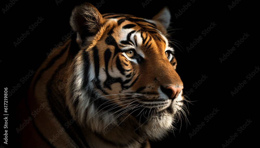 Majestic Bengal tiger staring with aggression in black background generated by AI