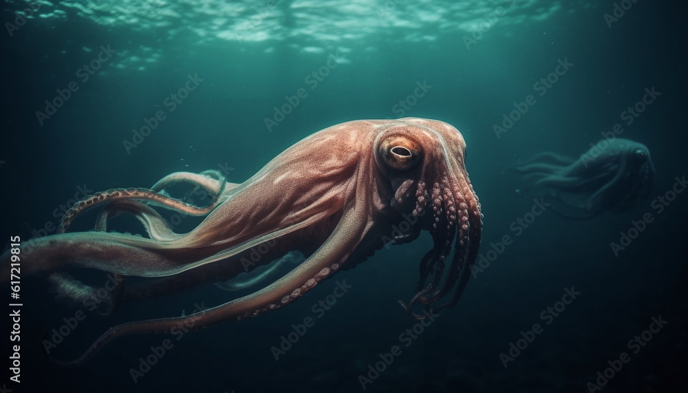 Colorful octopus levitates in tranquil underwater environment, surrounded by sea life generated by A